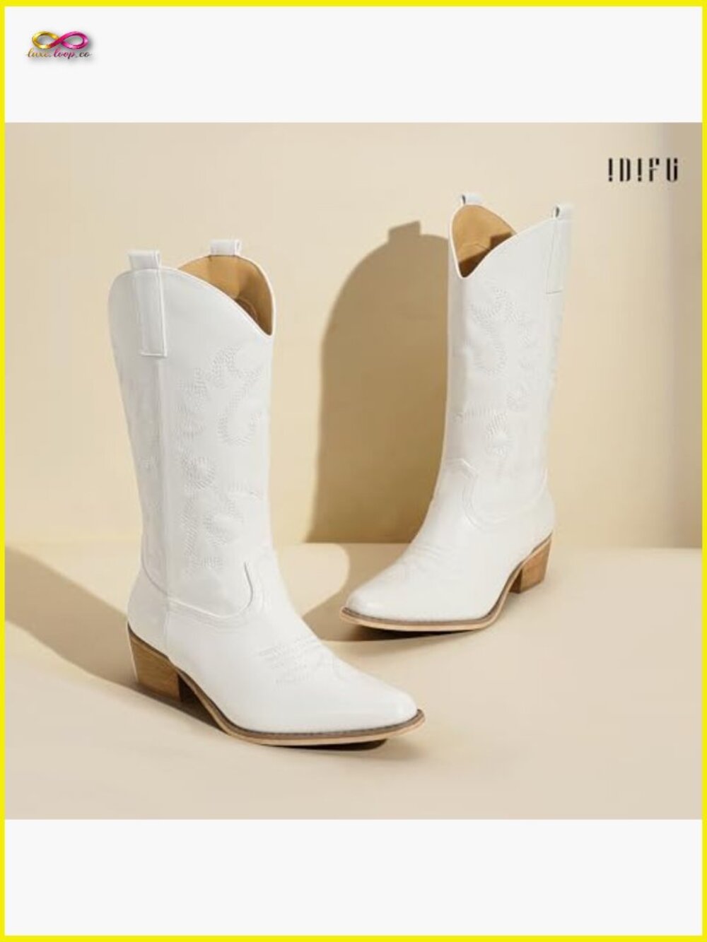 Western Embroidered Chunky Low Heel Pointed Toe Mid Calf Cowgirl Booties Boots - Picture 5 of 7